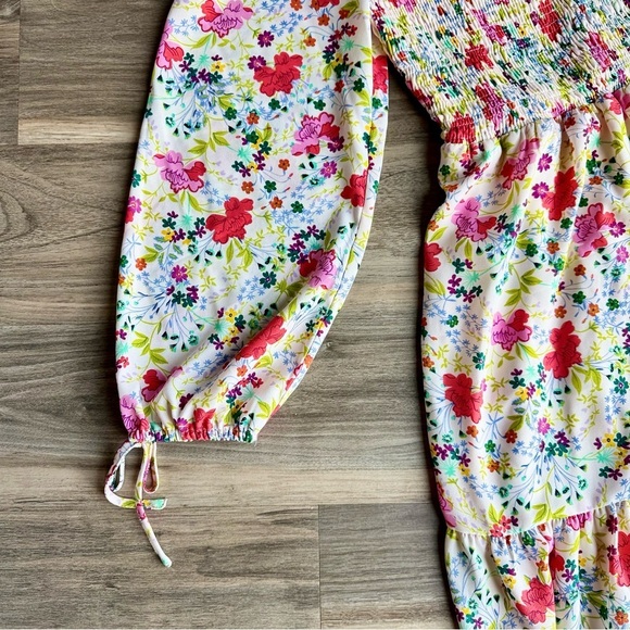 LC Lauren Conrad Floral Smocked Puff Bishop Sleeves Tie Cuffs Lined Dress Sz XS - Picture 4 of 14